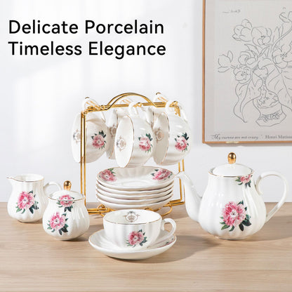 Sweejar Porcelain Tea Sets British Royal Series, 8 OZ Cups & Saucer Service for 6, with Teapot Sugar Bowl Cream Pitcher Teaspoons and Tea Strainer, Suitable for High Tea, Wedding, Party