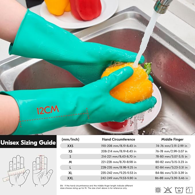 Vgo... 1-Pair Reusable Household Gloves, Rubber Dishwashing gloves, Extra Thickness, Long Sleeves, Kitchen Cleaning, Working, Painting, Gardening, Pet Care (Size XL, Green, HH4601)