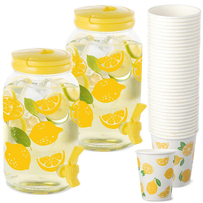 2 Piece Lemon Plastic Drink Dispenser and 40 Pcs Lemon Paper Party Cups 1 Gallon Iced Beverage Dispenser Tea Jar with Spigot and Carrying Lid Clear Dispenser for Lemonade Stand Lemon Juice Tea Beer
