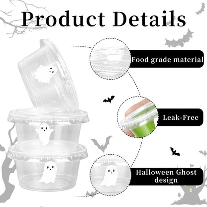 FYSUIMU 75 Pcs Halloween Sauce Cup Mini White Ghost Jelly Shot Cups with Lids Disposable Plastic Containers for Holidays Party Supplies, 2 oz