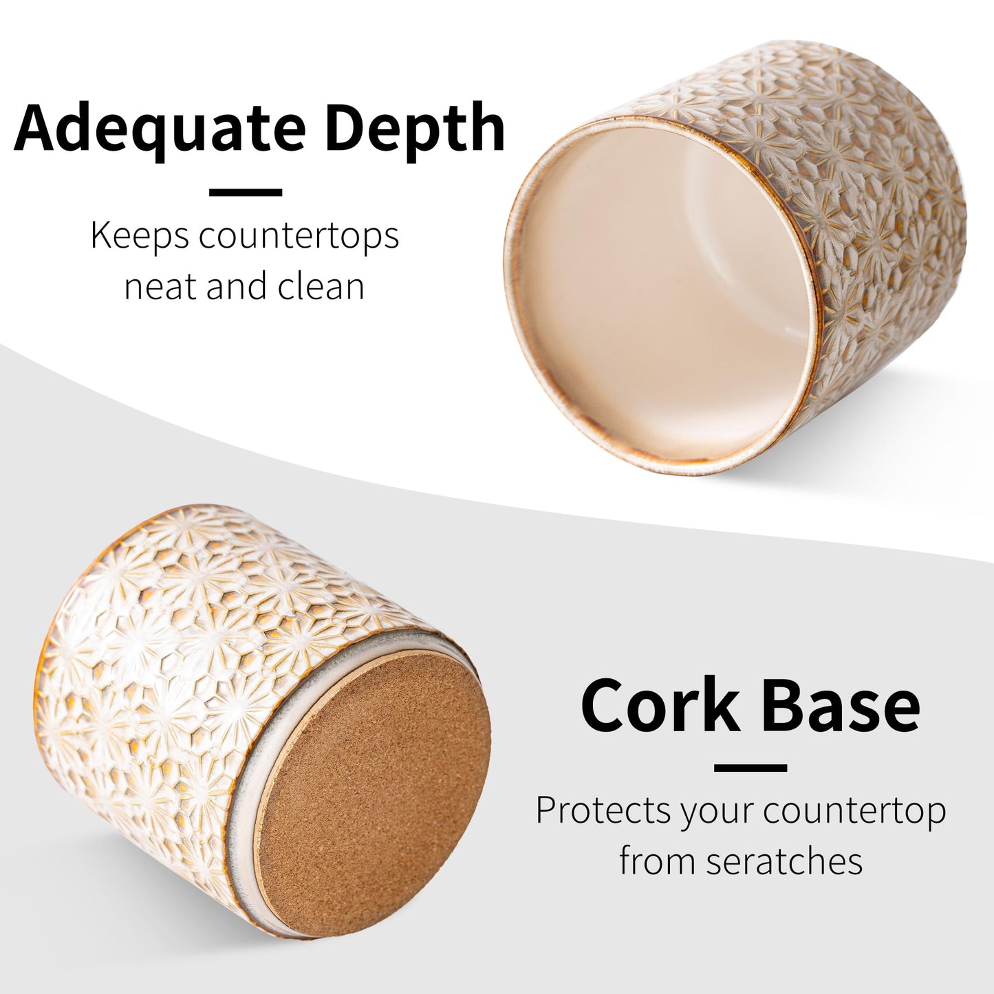 Noevany Utensil Holder Rustic Farmhouse Ceramic Utensil Crock for Countertop - 5.3" Handcrafted Kitchen Cooking Utensil Crocks with Cork Base, Natural Finish for Kitchen Tools Storage