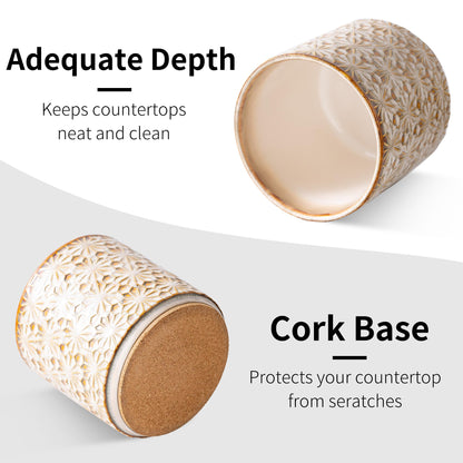 Noevany Utensil Holder Rustic Farmhouse Ceramic Utensil Crock for Countertop - 5.3" Handcrafted Kitchen Cooking Utensil Crocks with Cork Base, Natural Finish for Kitchen Tools Storage