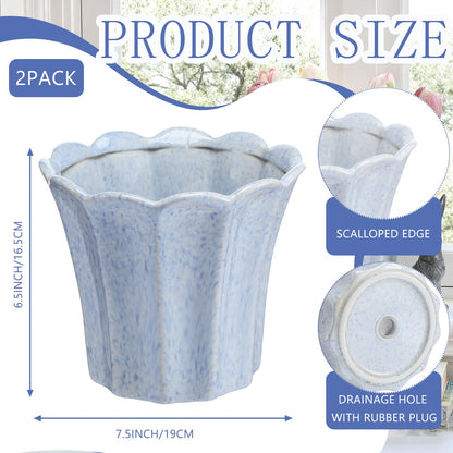 Honeydak 2 Pcs Fluted Ceramic Pots for Plants Indoor 7.5 x 6.5 Inches Spring Easter Scalloped Stylish Ceramic Planters Fluted Tulip Cachepots Blue Flower Pots Home Garden Patio Office Outdoor Planter