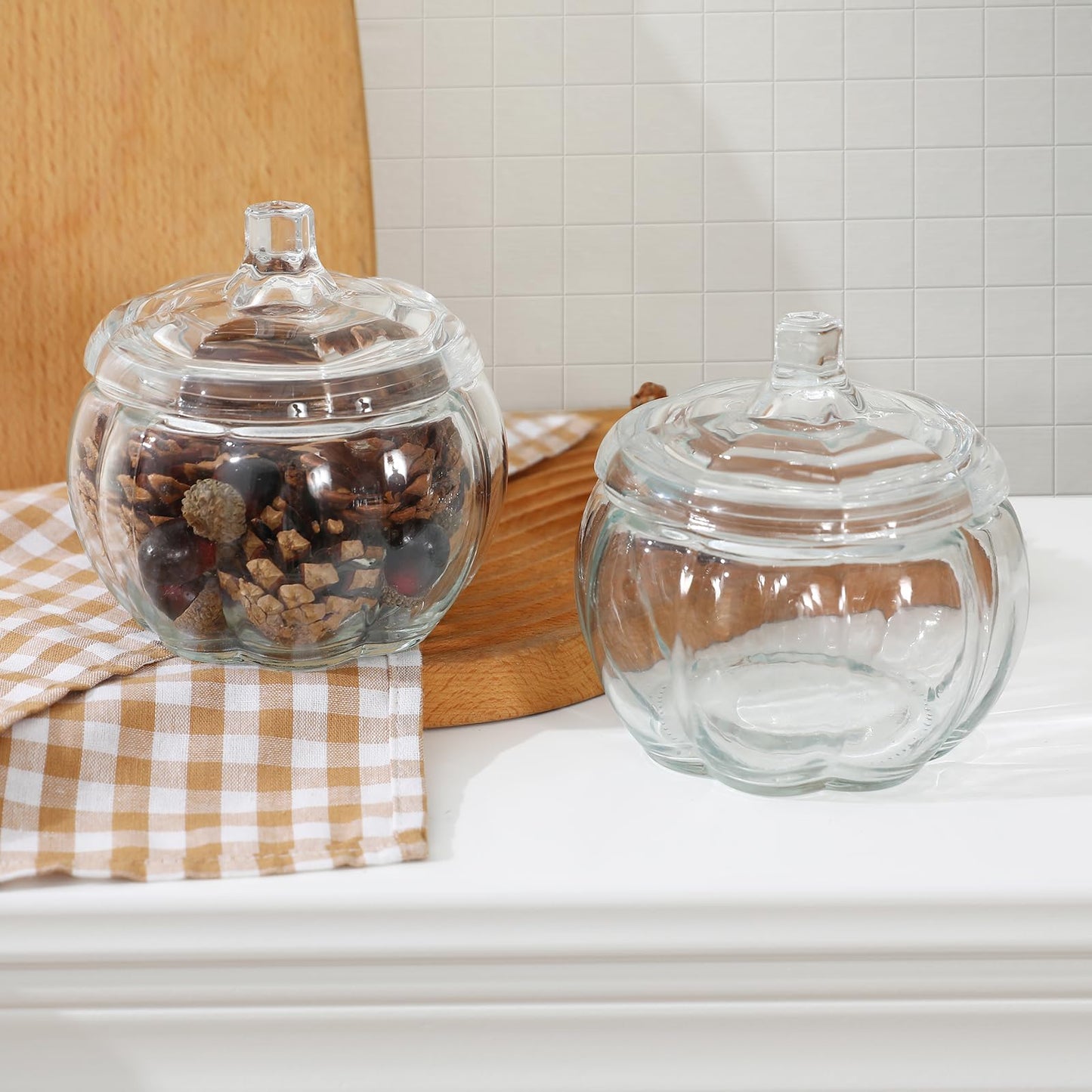 FunouHome Halloween Decorations-2 PCS Glass Pumpkin Jars with Lid-Halloween Candy Storage for Home Fall Thanksgiving Halloween Party Centerpieces Decor