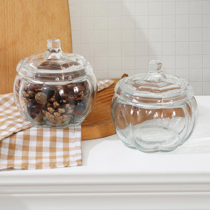 FunouHome Halloween Decorations-2 PCS Glass Pumpkin Jars with Lid-Halloween Candy Storage for Home Fall Thanksgiving Halloween Party Centerpieces Decor