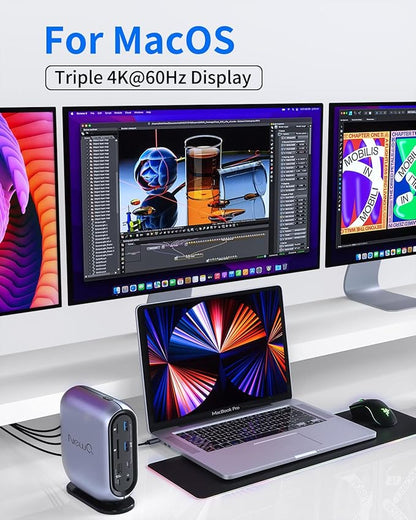 16-in-1 Universal Docking Station for All Laptops with 150W Power Adapter, Triple Monitor for Mac, Windows, ChromeOS, Linux, Dual HDMI, DP, 10Gbps USBC USBA, Gigabit Ethernet, SD/TF, Audio
