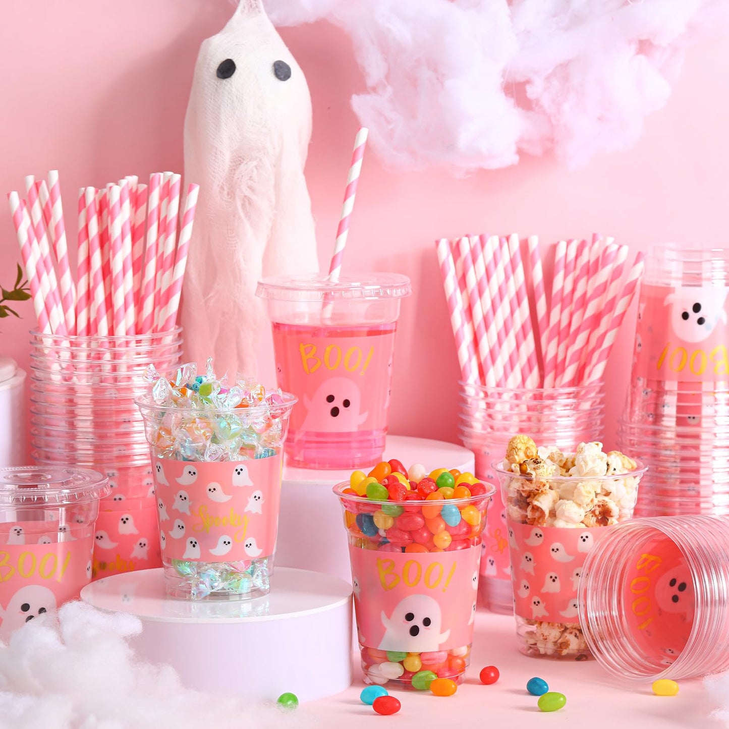 Jingmore 50 Pcs Halloween Ghost Party Disposable Plastic Cups 12 oz with Lids Straws Themed Party Supplies Plastic Tumbler for Birthday Table Decorations Favors(Pink)