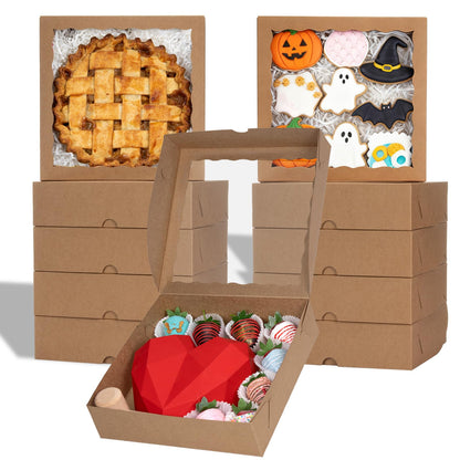 ROSPAKTEK Brown Bakery Boxes with Window (12pcs, 9x9x2.5 Inch) for Christmas: Ideal for Pie, Cookies, Chocolate Covered Strawberries, Breakable Heart & Charcuterie