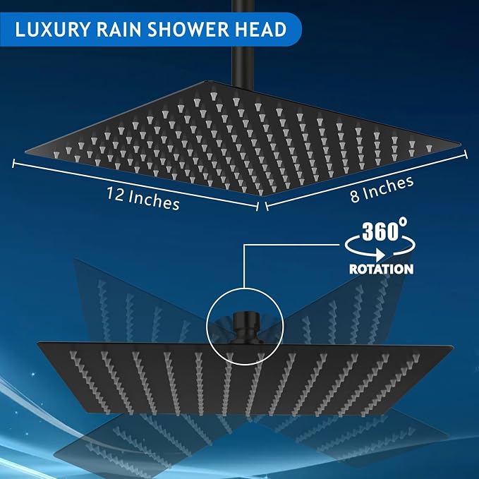 Voolan Rain Shower Head - High Flow Large Rainfall Shower Heads Made of Stainless Steel - Waterfall Bathroom Square Showerhead - Ceiling or Wall Mount (12 * 8 Inch Rectangle, Matte Black)