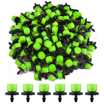 Kalolary 200Pcs Adjustable Irrigation Drippers, 1/4 Inch Barbed Drip Emitter 360 Degree Watering Sprinklers Anti-Clogging Drippers for 4mm/7mm Garden Watering System（Green）