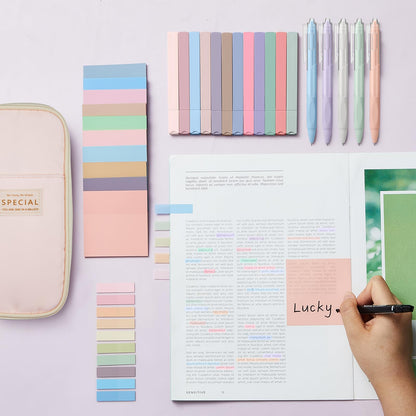 Jutom 39 Pcs Aesthetic Book Annotation Kit Highlighter with Case Bag Gel Pen Transparent Sticky Note Taking Bible Supplies(Pink,Cute Style)