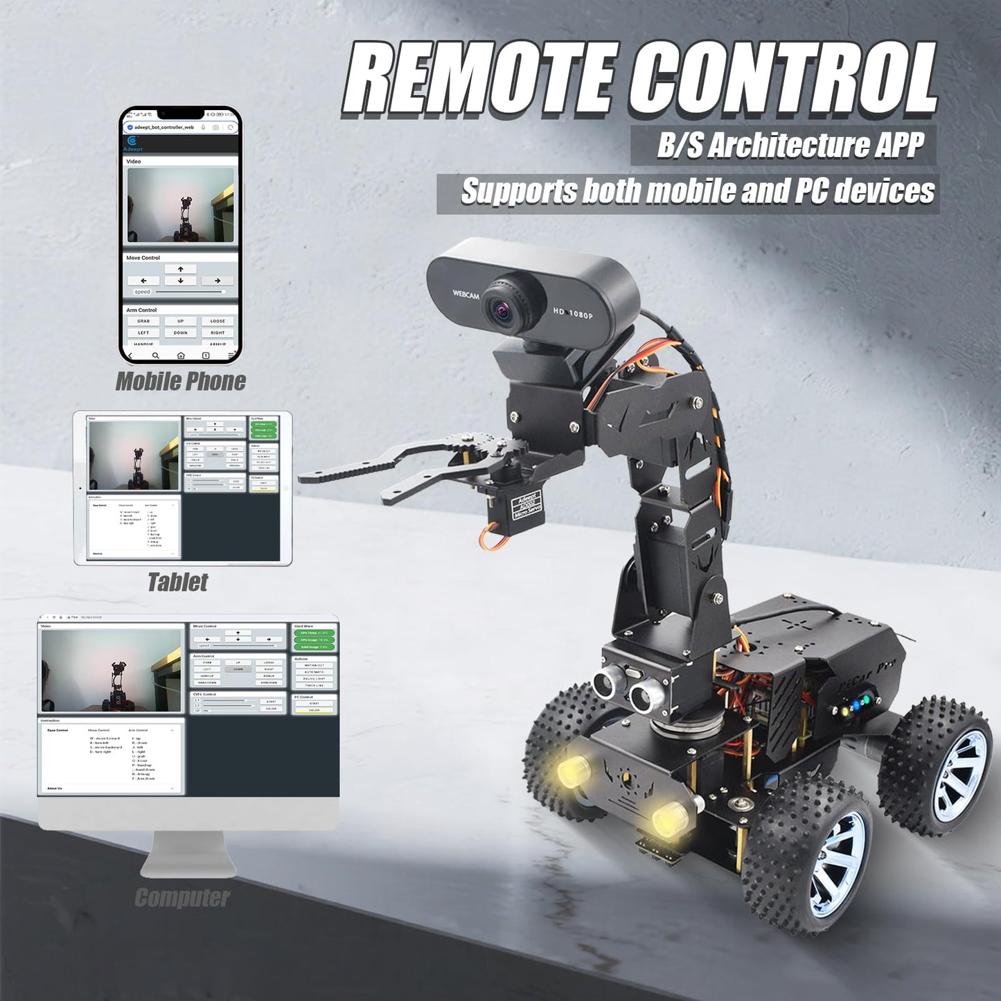 Adeept PiCar Pro V2 Smart Robot Car Kit with 4-DOF Robotic Arm for Raspberry Pi 5/4/3(Pi NOT Included), Programming Educational STEM Project Robotics, Obstacle Avoidance, Line Tracking, USB-C Charging