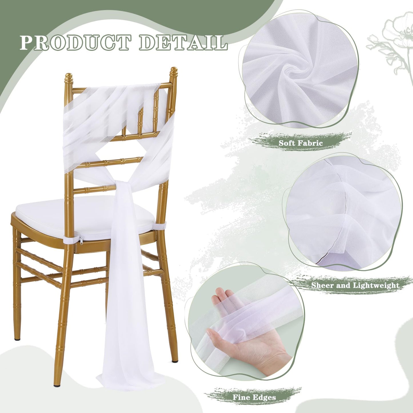 Fanqisi White Chair Sashes 16 Packs 8ft Long Aisle Wedding Chair Back Side Decorations Fabric Sheer Church Tulle Chairs Drapes Bulk