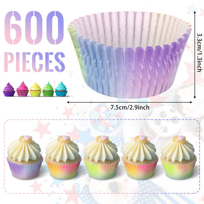 600 Count Rainbow Cupcake Liners Cupcake Pink Purple Gradient Baking Cups Muffin Paper Case Cupcakes Wrappers for Home Baking Kitchen Supplies