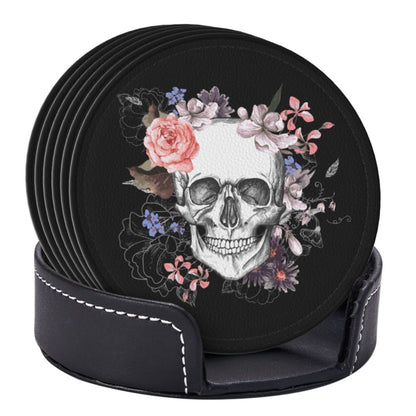 Niukom 6 Pcs Sugar Skull Flower Leather Coasters for Drinks with Holder Coaster Sets Drink Table Cup Coasters for Living Room Kitchen Coffee Decor