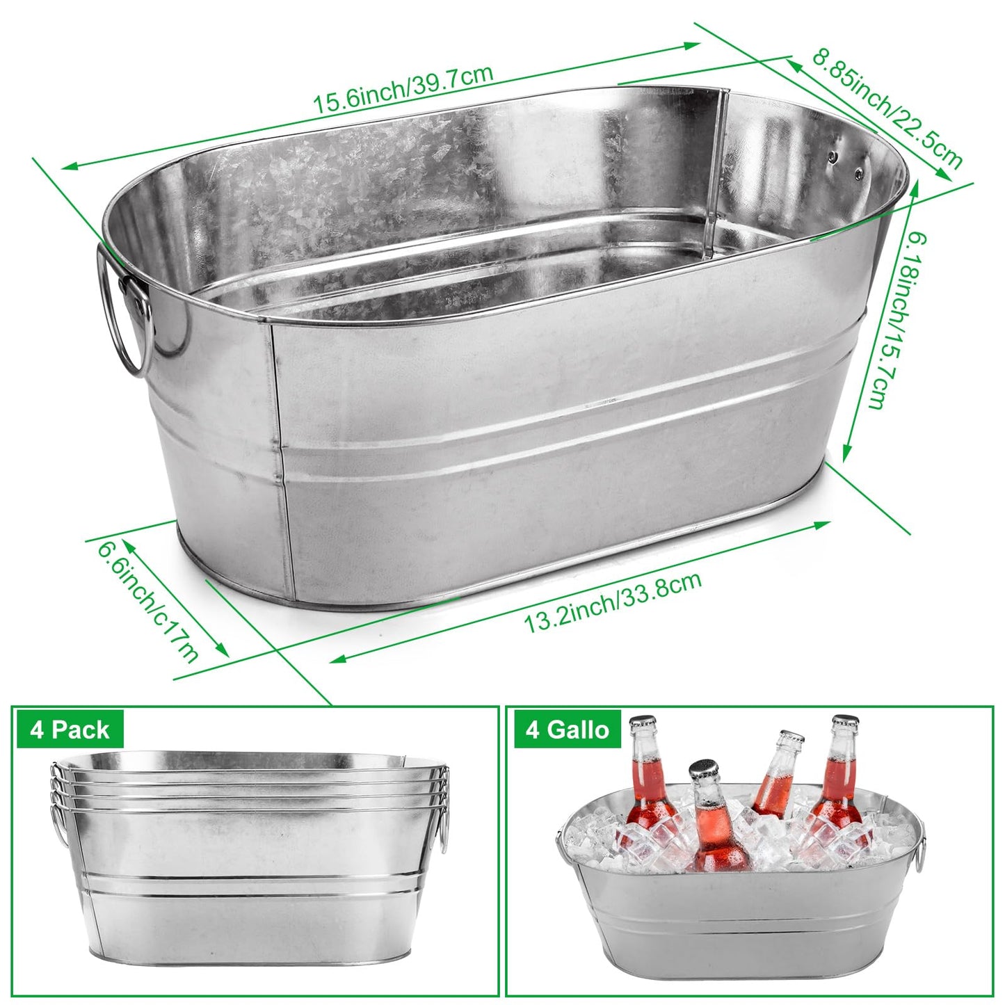 MIVIDE 4 Pack Galvanized Tub 3 Gallon Ice Bucket Large Metal Champagne Drink Bucket with Handles Galvanized Ice Buckets for Parties Mimosa Bar Cocktail Bar