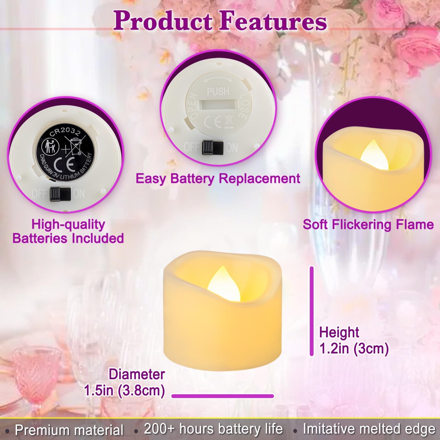 Yakpo 24 Pack 1.5" x 1.2" Battery Operated LED Tea Light Candles, Small Outdoor Flameless Flickering Votive Candles, Electric Flicker Fake Tealights Bulk for Wedding Halloween Christmas Decorations