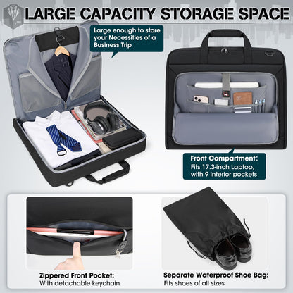 RAINSMORE Garment Bags for Travel Carry On Garment Bag for Hanging Clothes, Suit Bag for Business Trips with Shoes bag & Shoulder Strap, Waterproof Foldable Suit Luggage Bag for Men Women, Black