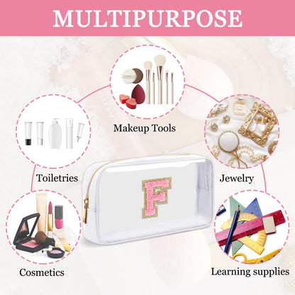 Small Clear Personalized Initial Makeup Bag,Nylon Preppy A-Z Chenille Letter Patch Cosmetic Pouch Beach Toiletry Bag,Waterproof Zipper Travel Purse Storage Bag Organizer for Women Girls(White-Pink F)
