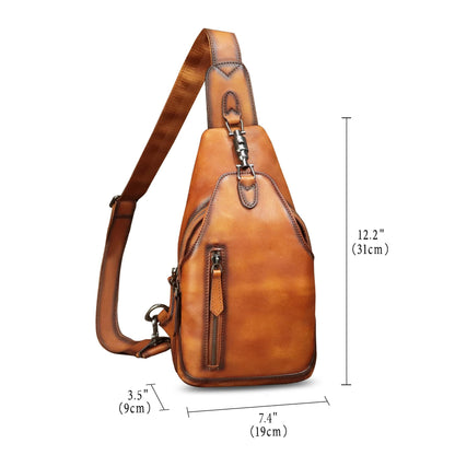 IVTG Genuine Leather Sling Bag for Men Women Crossbody Bag Chest Bag Sling Backpack Purses Hiking Sports Travel Daypack (Brown)