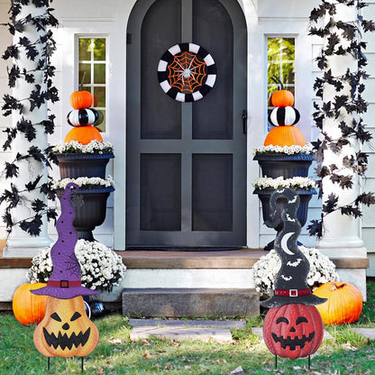 YEAHOME Halloween Decorations Outdoor, Set of 2 Pumpkin Garden Stakes with Witch Hats for Halloween Decor, Jack o' Lantern Metal Pumpkin Yard Signs for Outside Garden Lawn Patio Party Decorations