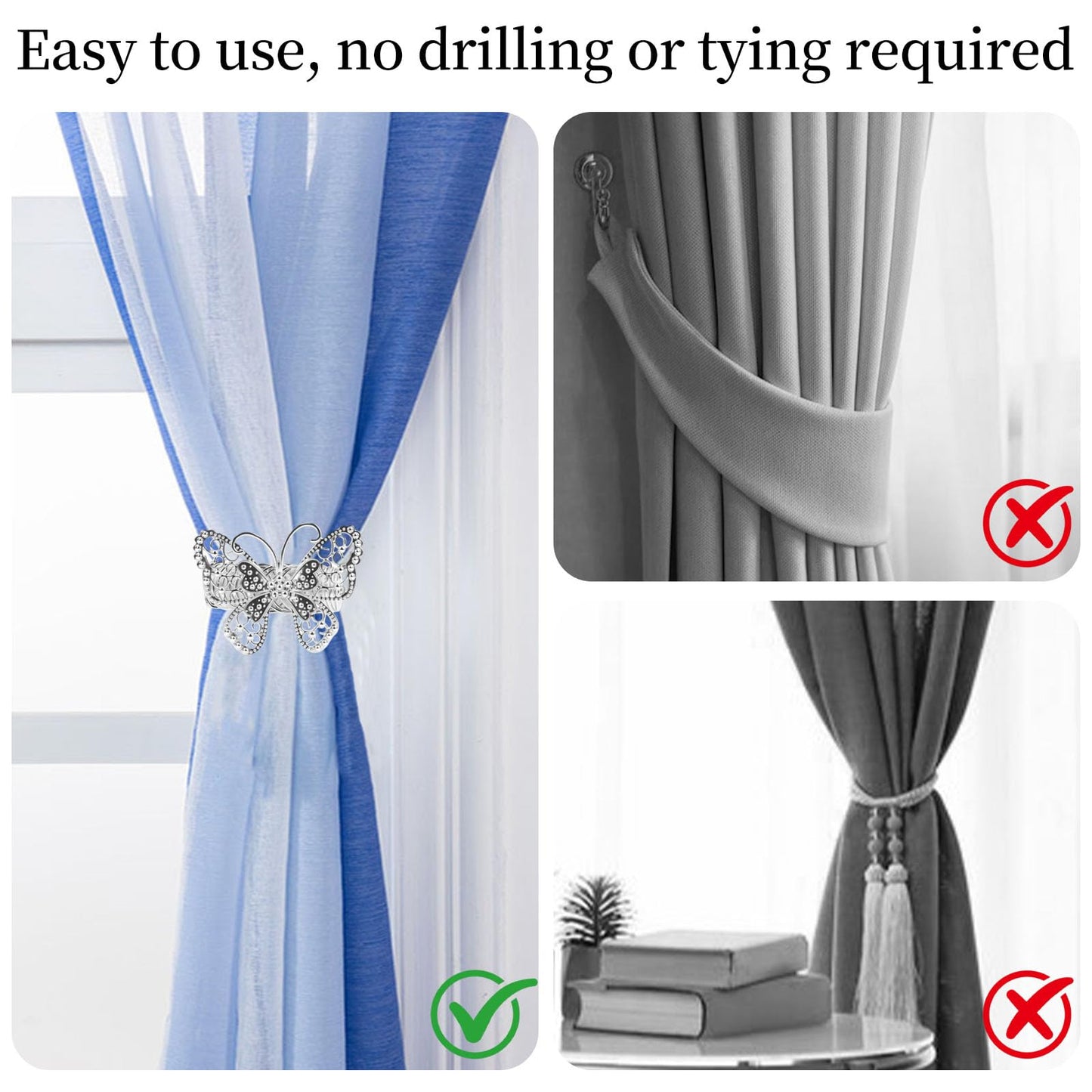 Chinflly Silver Butterfly Curtain Tiebacks No-Drill Modern Metal Curtain Holdbacks Easy to Install for Rental House Dorm Present Elegant Home Decor, 2 Packs