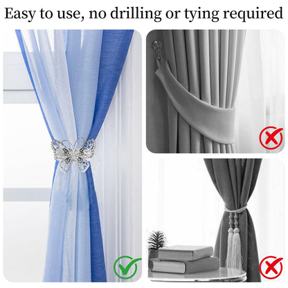 Chinflly Silver Butterfly Curtain Tiebacks No-Drill Modern Metal Curtain Holdbacks Easy to Install for Rental House Dorm Present Elegant Home Decor, 2 Packs