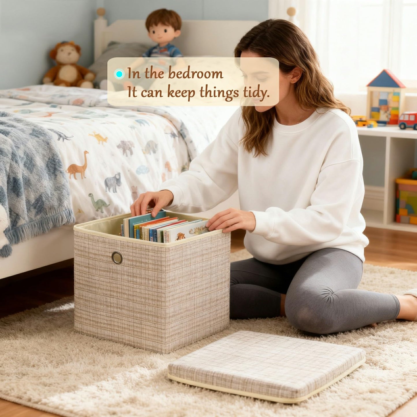 modscape 2-Pack 12"x12" Fabric Storage Bins with Lids, Collapsible Storage Bins for Clothes Toys, Sturdy Storage Cube for Bedroom Closet Shelves Home Organization (Shining Beige, 2)