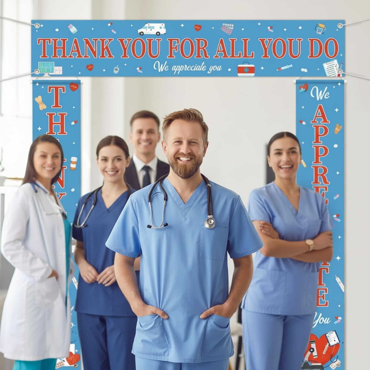 Fanfanwin 3 Pcs Thank You Nurse Doctor Banner We Appreciate Medical Decoration Thanks for All You Do Nurses Backdrop for Nursing RN Celebration Red Blue Hospital Healthcare Retirement Supplies