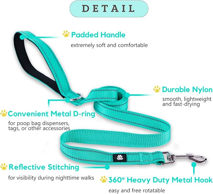 FURRYFECTION Reflective Neoprene Padded Dog Collar and Leash Set with Quick Release Buckle, Adjustable for Small Medium and Large Dogs (Small + 5FT Leash, Teal)