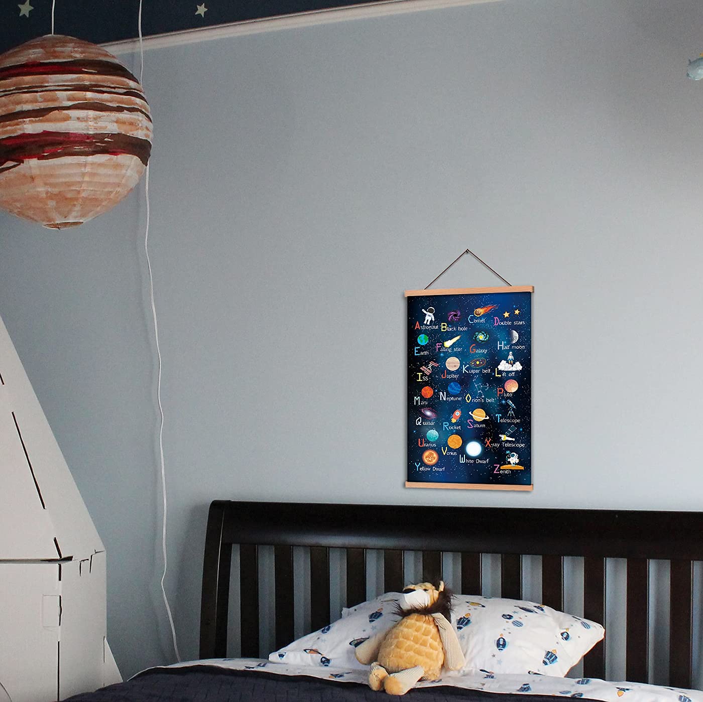 Outer Space Art Print With Wood Magnetic Poster Hanger Frame, Astronomy Alphabet Letters Canvas Wall Art ,Abstract Universe Educational Poster,35X56CM Hanging Painting For Home kids Classroom Decor