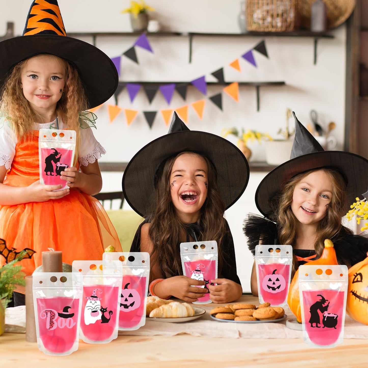 JarThenaAMCS 36 Set Halloween Drink Pouches Pink Black Cute Clear Plastic Juice Pouches 4 Designs Drink Bags Handheld with Straws for Halloween Birthday Baby Shower Party Adults Alcohol