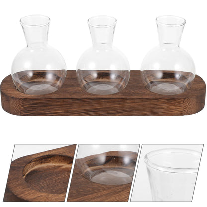 LALAFINA Glass Hyacinth Vase with Wooden Base, Hydroponic Table Glass Flower Container for Office and Living Room Decoration, 3pcs Set Terrarium for Indoor Plants