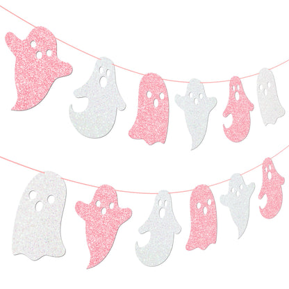 Halloween Party Supplies Halloween Hanging Ghost Banner 2PCS Glitter White Pink Ghost Birthday Party Cutout Banner for Home Haunted Houses Baby Shower Decor