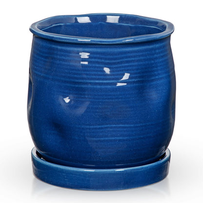 Oairse 5.7 inch Ceramic Pots for Plants, Plant Pot with Drainage Hole and Saucer Blue Ceramic Indoor Planter with Tray Decorative Flower Pots for Succulent, Cactus, Snake Plant, Herb Indoor Outdoor