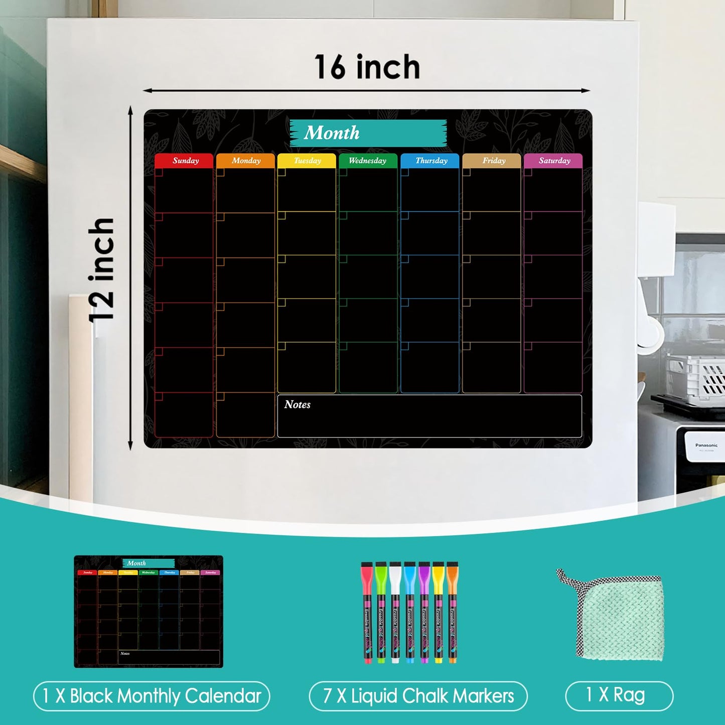 MaxGear Monthly Black Magnetic Calendar for Refrigerator, 16" X 12" Fridge Chalkboard, Magnetic Dry Erase Calendar White Board Planning Board for Fridge with 7 Fine Point Markers,1 Cloth