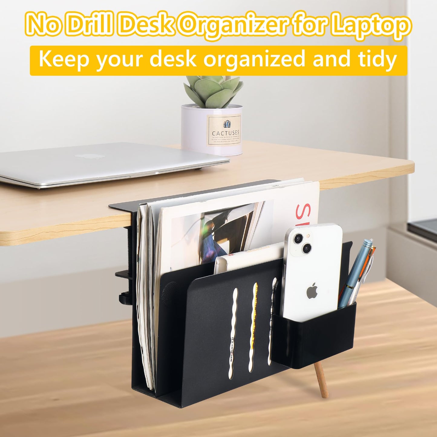 Desk Side Storage Under Desk Laptop Holder, No Drill Hanging Desk Organizer with Pen Holder, Clamp-On Table Side Tray Desktop Organization Mount for Office and Home (White)
