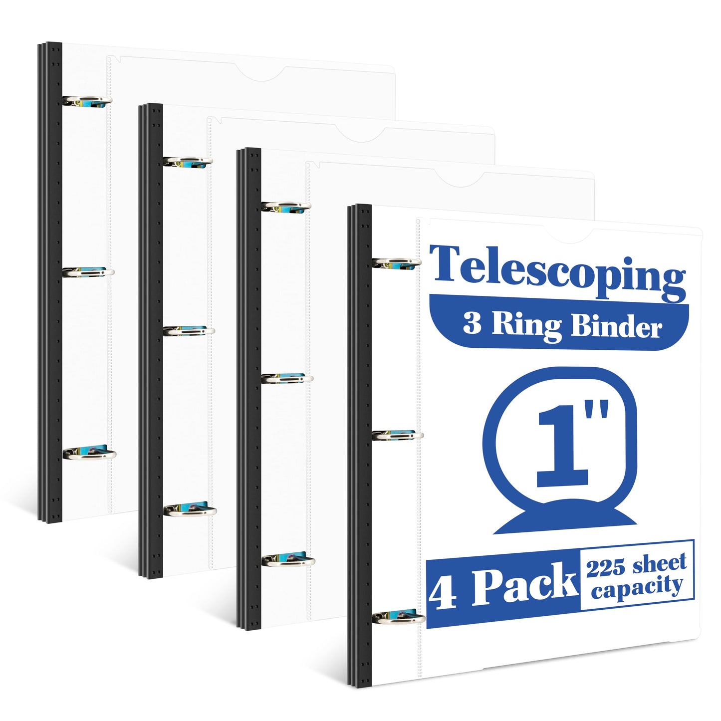 INFUN 1 Inch Telescoping 3 Ring Binder - 4PCS-White, Flexible Binders with Customizable Front Cover and Clear Catalog Pocket, 1Inch Rings, 225 Sheet Capacity
