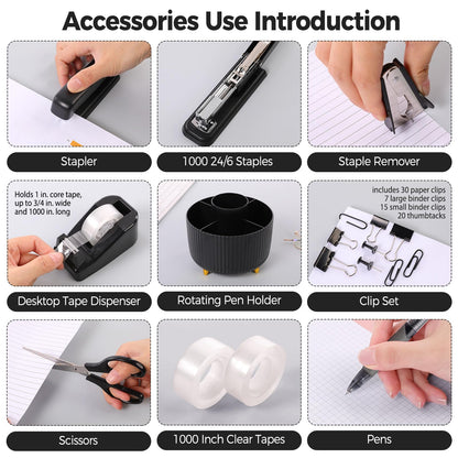 SKYDUE Black Office Supplies, Black Office Desk Accessories 10PCS, Pencil Holder for Desk, Stapler, Tape Dispenser, Scissors, Ruler, Clips and 1000pcs Staples, Desk Supplies Set