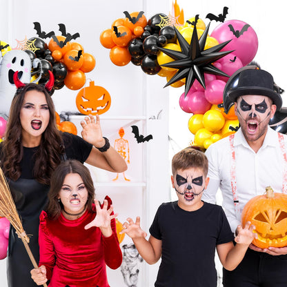 Halloween Balloon Arch Garland Kit, Halloween Party Decorations with Black Orange Hot Pink Yellow Latex Balloon Spider Ghost Foil Balloons Bat Sticker for Halloween's Baby Shower Ghost Party Supplies