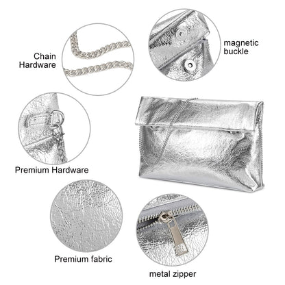 MXCMXC Women's Evening Clutch Bag Metallic Crinkled Leather Clutch Purse, Fold-over Handbag Envelope Purse with Hidden Magnetic (Silver)