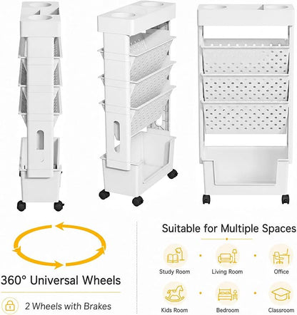 5-Tier Rolling Bookshelf, Book Storage Organization with Wheels Mobile Bookshelves Cart for Home Office Kids' Study Room School, White