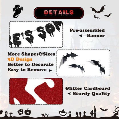Halloween Party Decorations, There's Some Horrors in This House Banner - Fufuddz Funny Glitter Bloody Scary Happy Birthday Garland with Bat Stickers Trunk or Treat Bachelorette Supplies