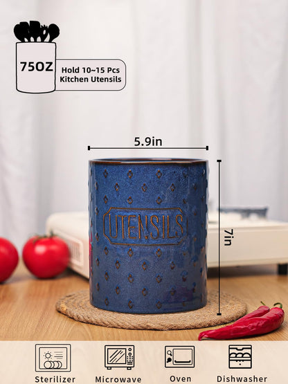 GDCZ 7 Inch Utensil Holder, Ceramic Utensil Crock for Countertop, Cooking Tool Organizer for Kitchen Counter, Farmhouse Kitchen Decor (Blue)