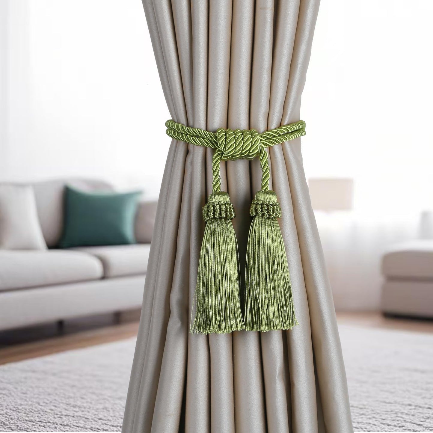 Fenghuangwu Magnetic Curtain Tiebacks Tassel Curtain Tieback Modern Handmade Tie Backs,Decorative Tassel Holdback for Draperies,Window Decor (Green, 2 Pack)