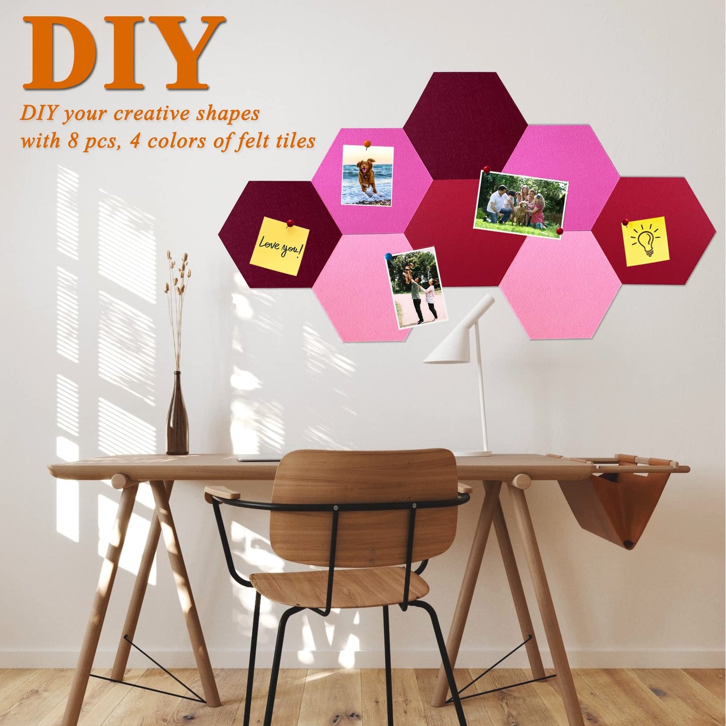 HULAVO 8Pcs Hexagon Felt Cork Board Tiles, Self Adhesive DIY Bulletin Board Pin Board for Office School Home Wall Decor Stickers Memos Photos Display (Gradual Red)