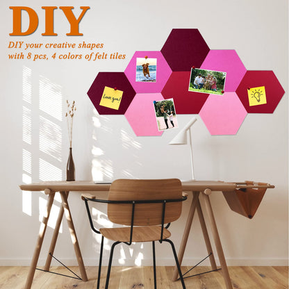 HULAVO 8Pcs Hexagon Felt Cork Board Tiles, Self Adhesive DIY Bulletin Board Pin Board for Office School Home Wall Decor Stickers Memos Photos Display (Gradual Red)