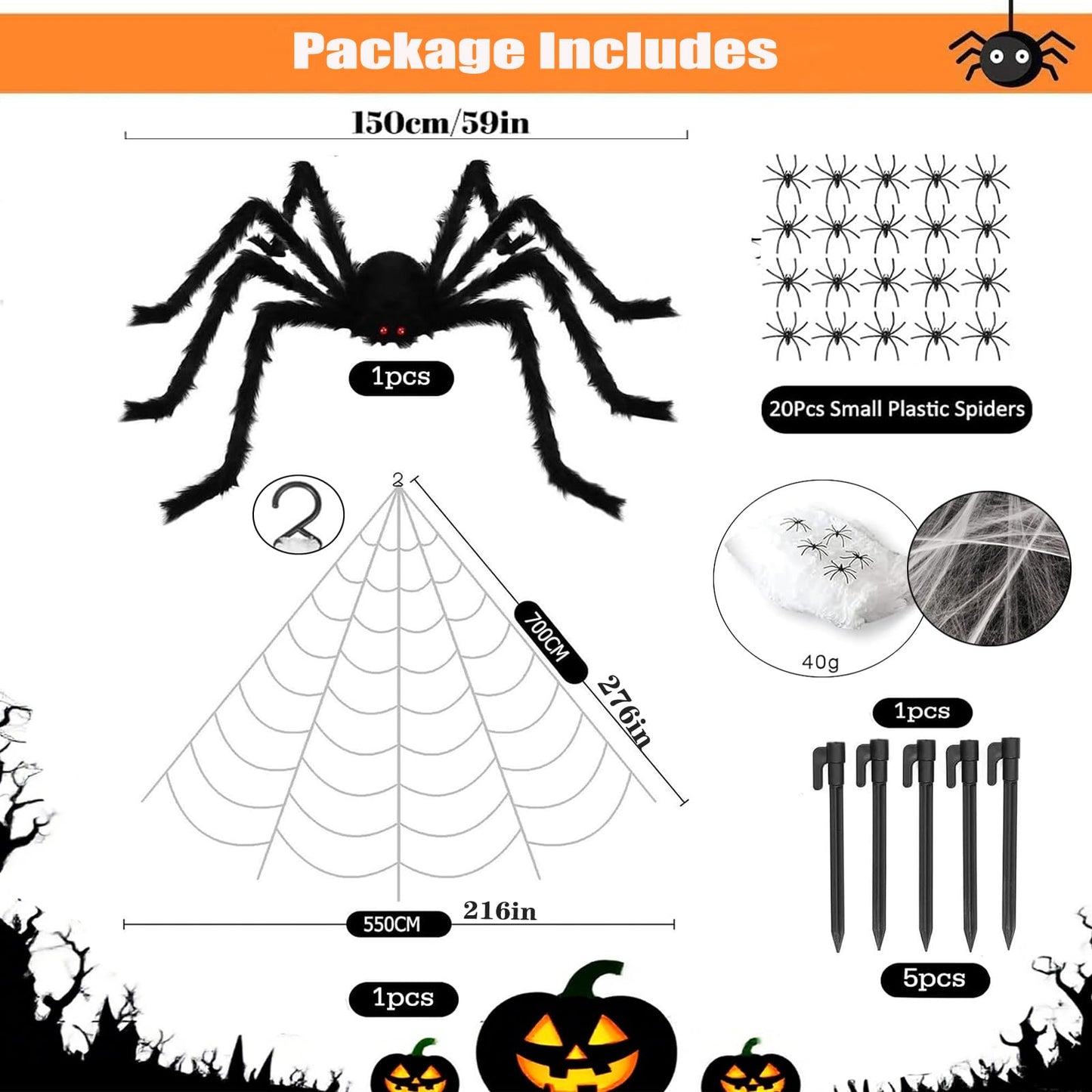 Newar Halloween Giant Spider Webs Decorations Outdoor, 276" Triangle Giant Spider Web + 59" Scary Big Spider + 20Pcs Small Spiders + 40g Stretch Cobwebs for Yard Porch Garden Haunted House Decor