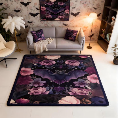 Black Floral Bat 5x7 Area Rug Halloween Bats Living Room Rug | Boho Flowers Rugs for Bedroom, Romantic Plant Gothic Carpet Indoor Floor Mat