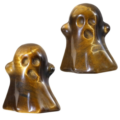 TUMBEELLUWA 2PCS Halloween Ghost Figurine Carved Crystal Statue Energy Stone Mini Collectible Sculpture Ornament for Haunted House Mantel Decor, Tiger's Eye Stone